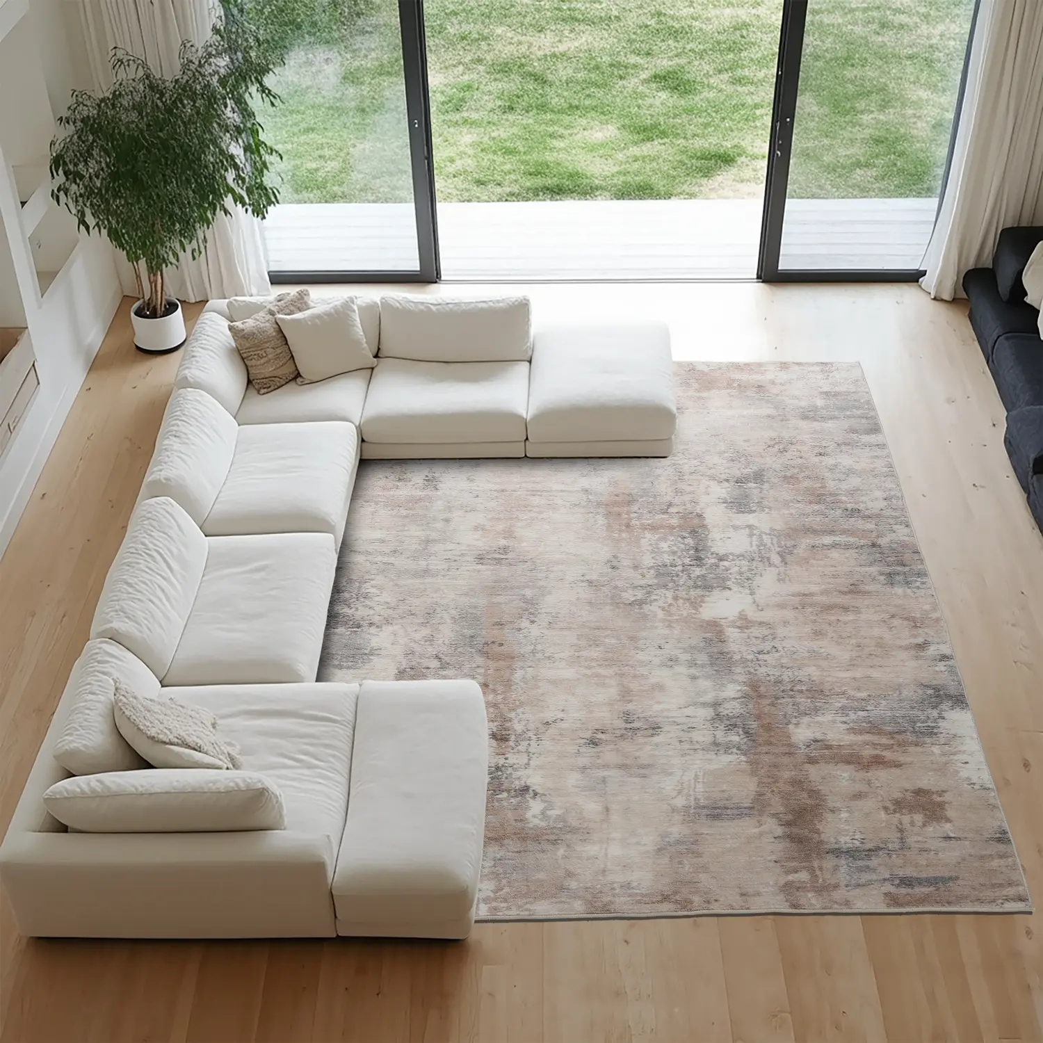 Abstract Rug Washable Non-Slip, Low Pile Faux Cashmere Area Carpet for Living Room Bedroom Dining Room in Grey, Khaki, Blue-VC
