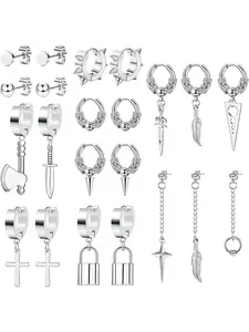 Men's Stainless Steel Earrings Set, Punk Style Earrings Set for Party, Daily Clothing Decor, Trendy All-match & Exquisite Jewelry for Birthday Gift, Ear Studs