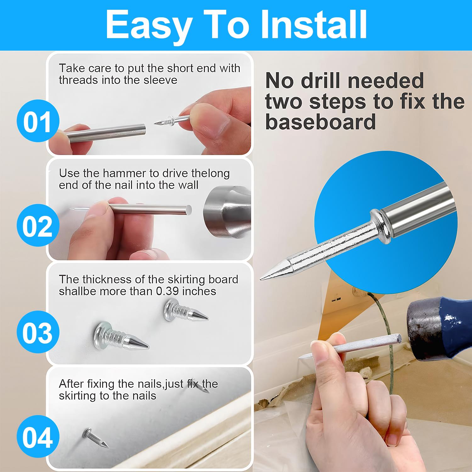Non-Marking Double-Headed Skirting Nails, No Drill Damage-Free Wall Nails for Baseboards & Wall Panels Installation Kit
