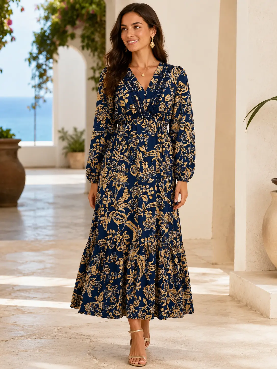 Women's Boho Floral Print Maxi Dress - Lady's Casual Wear Women's Clothes with V-Neck, Long Sleeves, Tiered Design, Lace Trim, Bohemian