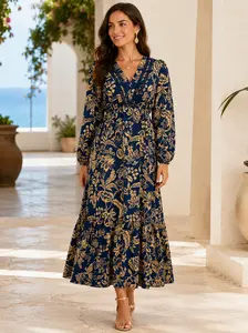 Women's Boho Floral Maxi Dress, Elegant V-Neck Long Sleeve with Lace Trim, Empire Waist, and Flowy Tiered Hem, Casual