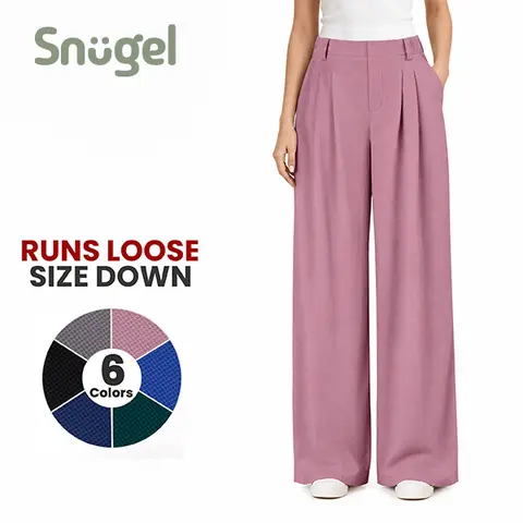 SNUGEL Relaxed Fit | Size Down Recommended | Women's High Waisted Wide Leg Waffle Pants with Pockets, Stretch Business Casual Pants, Comfortable Office Trousers Breathable