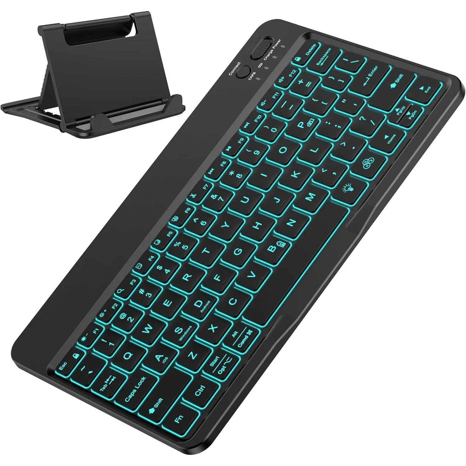 F-KBB02 Plastic Lightweight & Portable Bluetooth Tablet Keyboard with 7-Color Backlight, 500mAh Rechargeable, Upgrade Large Keycaps, 71-81 Keys, Multi-System for Android/Windows/iOS, Compatible with Galaxy Tab A9+/S9 Series, Black, Includes Cable