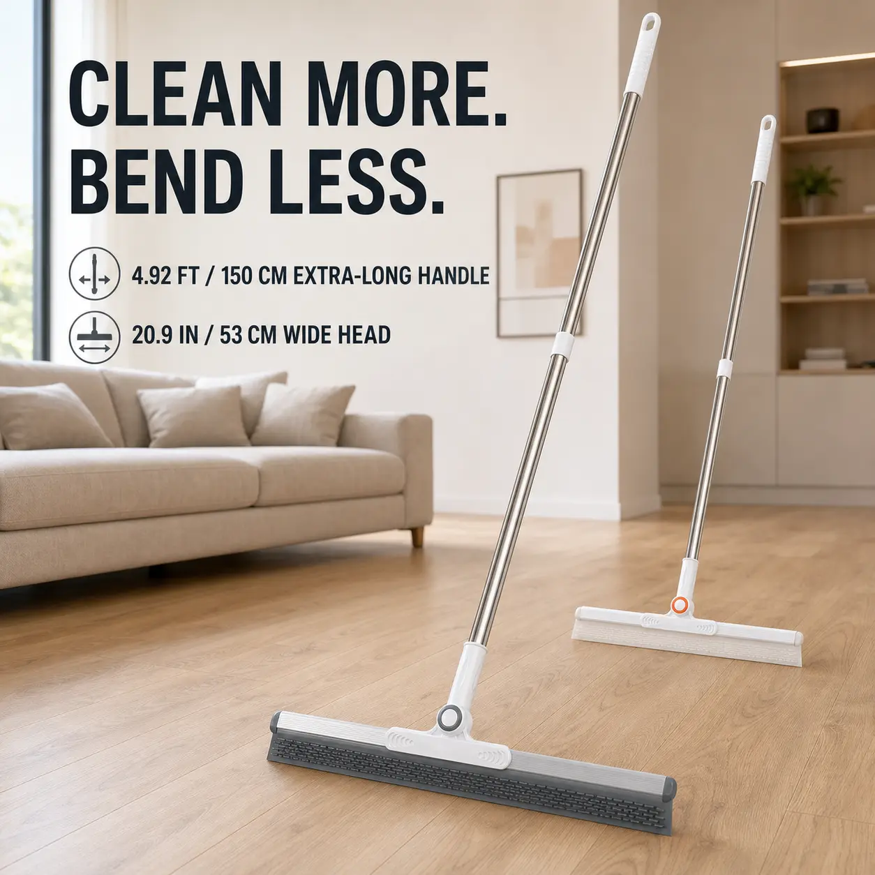 Rubber Broom & Floor Squeegee Mop for Pet Hair Removal, 3-in-1 Wet & Dry Floor Cleaning Tool, 20.9 IN (53 CM) Wide Head, 4.92 FT (150 CM) Long Handle Cleaning