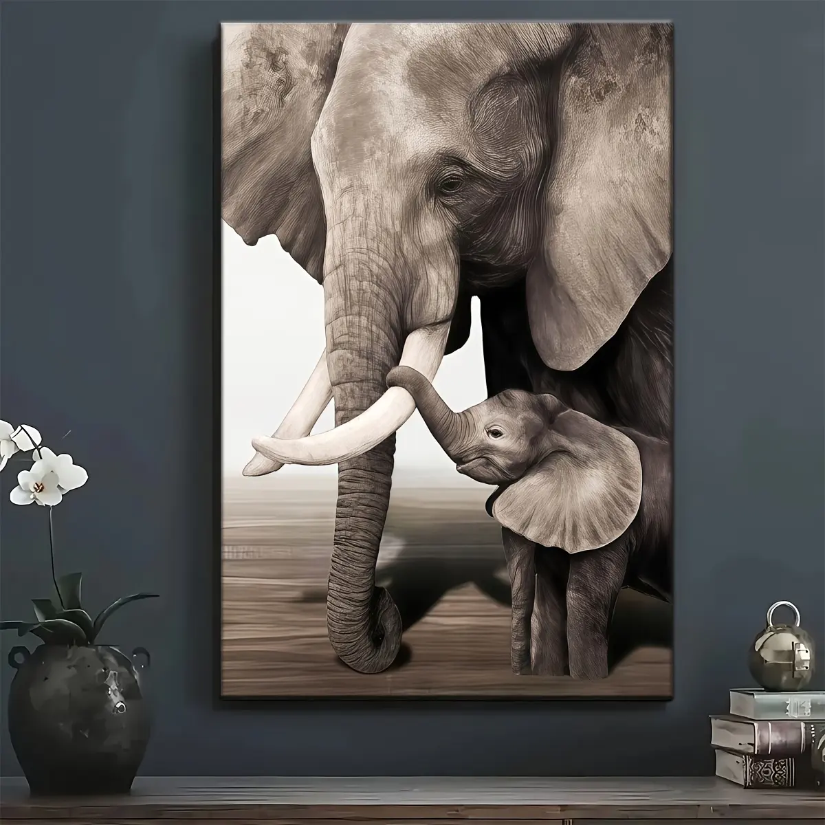 Art Deco Modern Elephant Mother and Calf Artistic Canvas Oil Painting Print Poster, Wrapped Pine Wood Frame Wall Hanging Decoration for Living Room, Bedroom - Indoor Portrait Orientation, Ink Art Medium, Elephant Decor, Wall Art Decor, Indoors