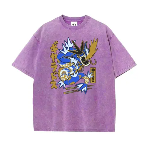 Men's Oversized Stretch Round Neck Short-Sleeve Vintage Graphic Tshirt - Washed Cotton Streetwear Fashion, Unisex Retro Casual Pocket Monsters Gyarados Japanese Cartoon Tops, Vintage Shirts