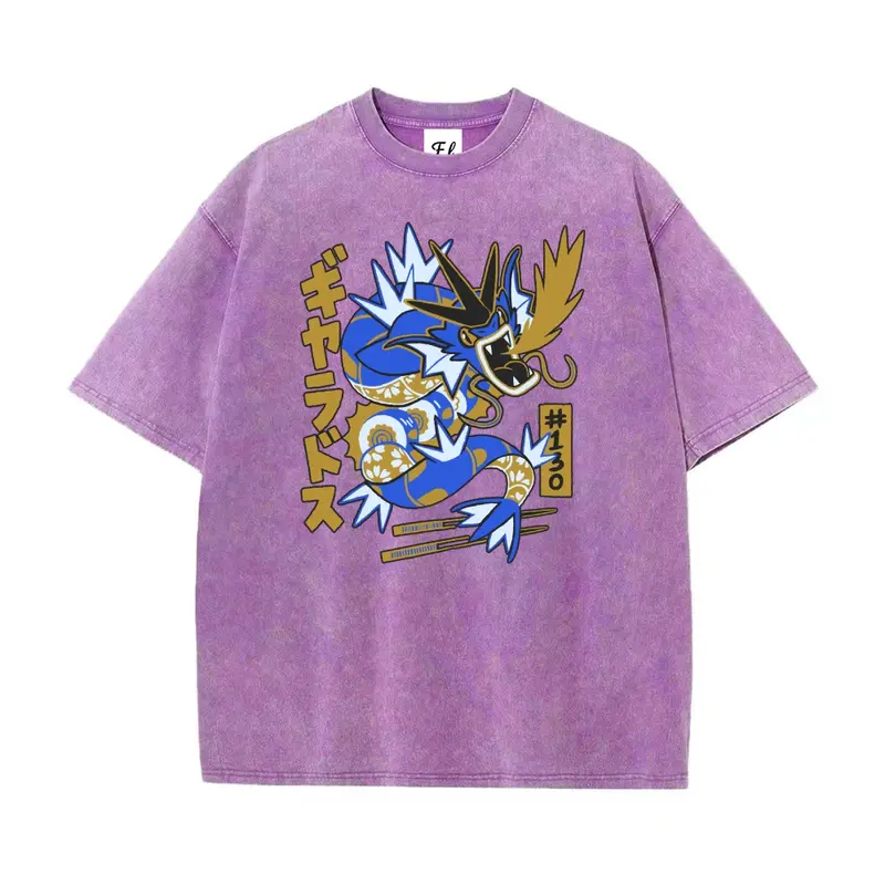 Men's Oversized Stretch Round Neck Short-Sleeve Vintage Graphic Tshirt - Washed Cotton Streetwear Fashion, Unisex Retro Casual Pocket Monsters Gyarados Japanese Cartoon Tops, Vintage Shirts