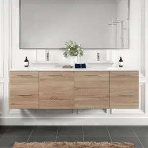 Luxy 72 in. White Oak Wall Mount Double Sink  Bath Vanity with White Quartz Top and Vessel Porcelain Sinks