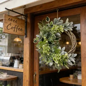 Lush Neutral Wreath, Mixed Leaf Material with Lamb's Quarters, Eucalyptus, Flowers, Ideal for Porch, Door and Entryway Decor, All Seasons, Decorative Flower Wreath, Decoration