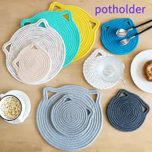 Cat Ear Coaster Set, Placemats, Handmade Woven Coasters, Non-Slip Absorbent Coasters, Can Be Hung for Storage, Home Gifts, Home Decor, Gifts for Valentine'S Day And Mother'S Day