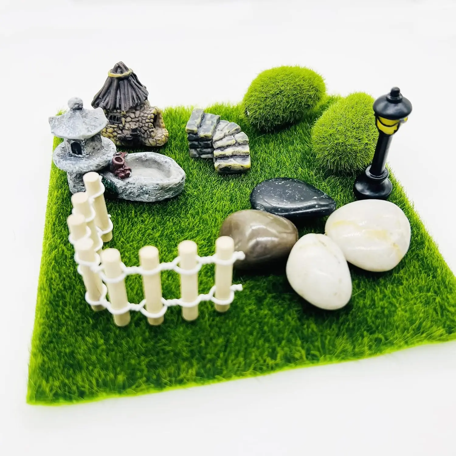 26-Piece Mini Fairy Garden Decor Starter Kit - Lightweight Smooth Resin Figures, Lamp Post, Model Trees, Micro Landscape Supplies, Reliable Reusable Safe Sturdy DIY/Cake Decorations for Home Improvement Gifts