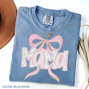 Comfort Colors Floral Mama T-Shirt, Trendy Mom Spring Tee, Womens Flower Mama Shirt, Blue Pink Bow T Shirt, Cute Mama Gift Idea