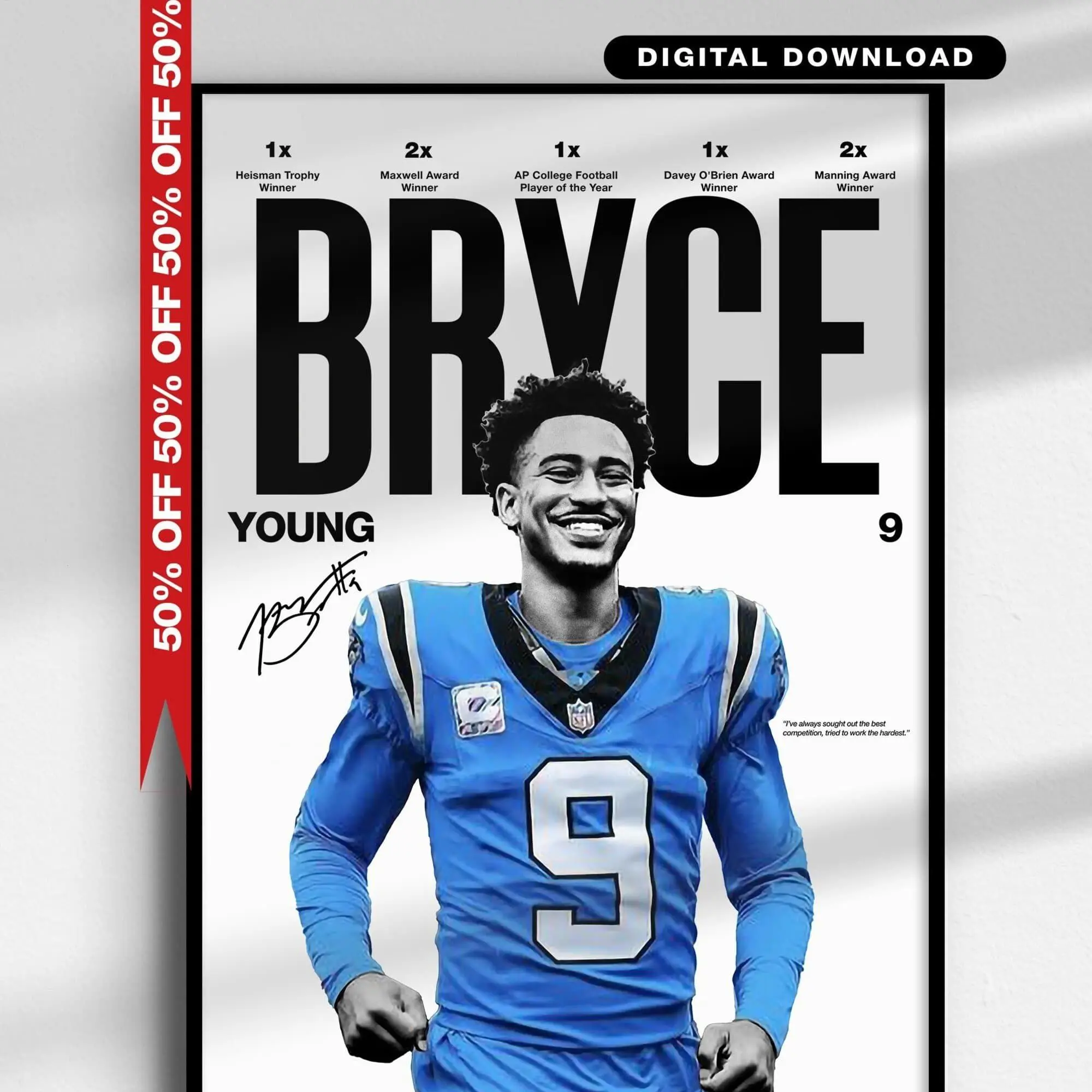 Bryce Young Poster, NFL Football Wall Art, Carolina Panthers Print, Heisman Winner Poster, Minimalist Sports Decor, Panthers Gift, Download