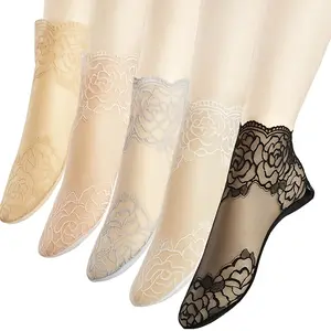 Ladies' Lace Ankle Socks -5 Pairs Rose Lace Socks - Women's Fishnet Ankle Socks