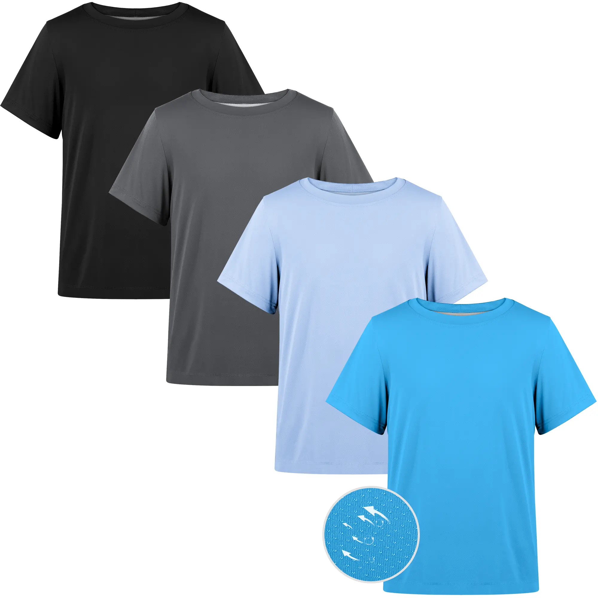 Boys' 4-Pack Fitted Athletic T-Shirts - Short Sleeve, Quick-Dry Mesh Fabric, Nylon, Moisture-Wicking, Crew Neck, 3D Cut, Shape-Retaining, Rough Play-Resistant Male Universal Tops for Summer Sports, Gym Workouts