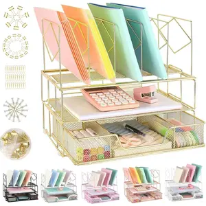 Desk Organizers and Accessories - Double Tray and 5 Upright Sections, Office File & Supplies Organizer with Drawer, Binder Clips, Gold