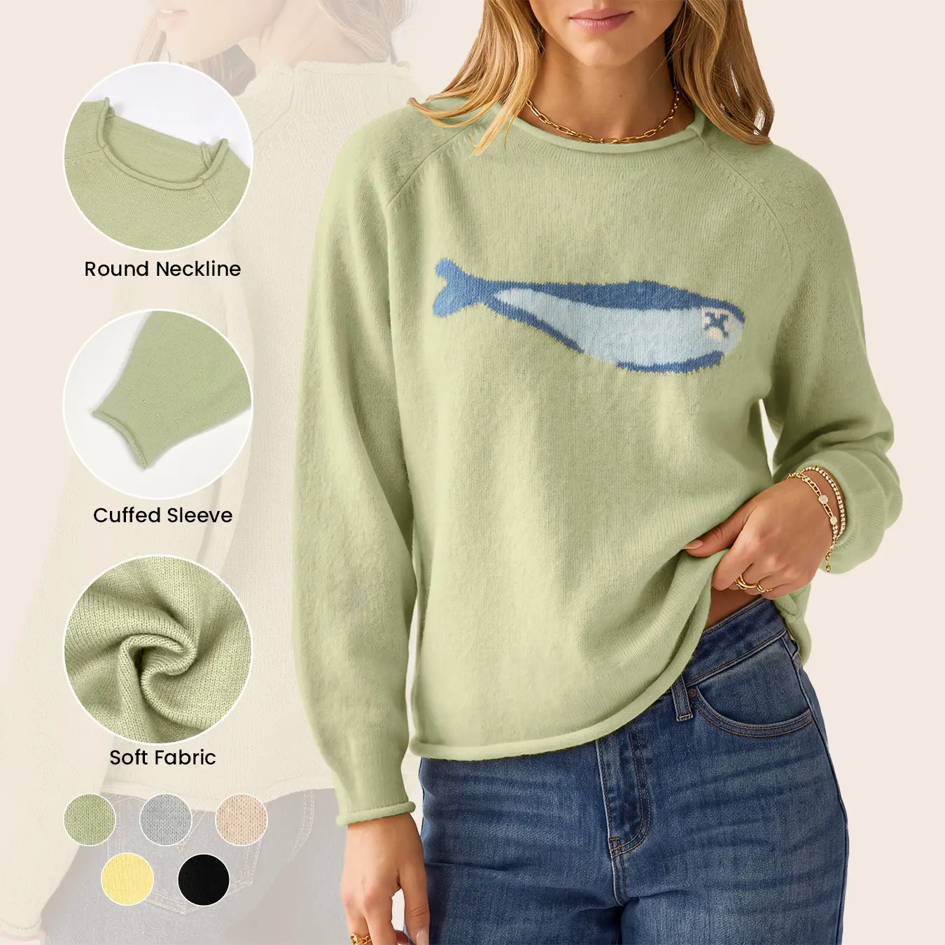 Aswulk Women Cute Fish Intarsia Knit Sweater, Roll Edge Mock Neck Lantern Long Sleeve Loose Pullover Jumper, Casual Vintage Knit Top for Fall Winter