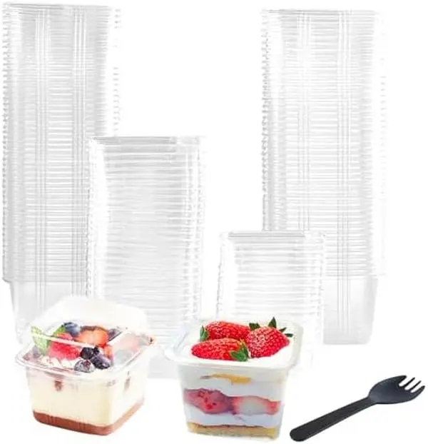 100 Pack 8OZ Plastic 50Pcs Square Dessert Cups with Lids and 50Pcs Spoons,Square Ice Cream Container with Forks, Disposable Parfait Cups for Mousse Cupcake Pudding Snacks Yogurt Parfait Fruits（50Sets）