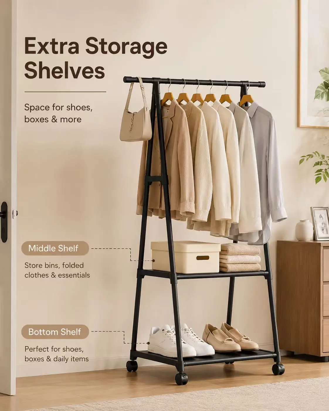 A Frame Rolling Garment Rack with Wheels, Freestanding Clothes Hanging Rack with 2 Storage Shelves & Side Hooks, Multifunctional Clothing Organizer for Bedroom Entryway Dorm Apartment, Available in Black and White