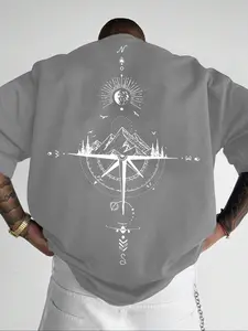 Men's Mountain & Compass Print Short Sleeve Tee, Regular Fit Casual Graphic T-shirt for Summer, Men's Top for Daily Wear, Tropical