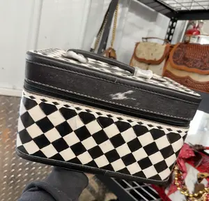 Genuine hand tooled leather & cowhide LARGE jewelry box with removeable tray & bracelet holder- Black & white check