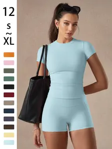Women's Solid Color Set, Basic Versatile T-Shirt Top, Fashion Multi-Purpose Slimming Hip-Lifting High Waist Yoga Gym Shorts, Yoga Fitness Gym, Yoga Workout Activewear