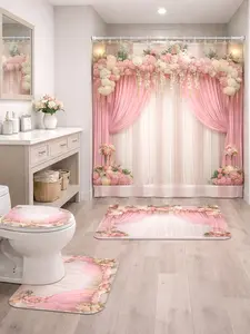 Floral Pattern Bathroom Curtain Set with Non-Slip Mat U-Shaped Carpet Toilet Lid Cover 12 Hooks for Safe Decorative Partition 70x70in/180x180cm Home Renovation
