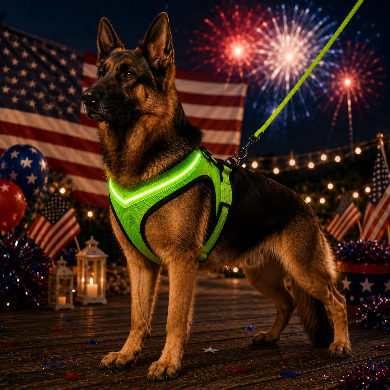 4th of July Patriotic LED Dog Harness Set (Includes Leash) - Breathable Mesh, Stars Design, Night Visibility, Universal Fit Festive Safety Gear for Dogs