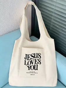 Letter Print Shopping Bag, Multi-Pocket Casual Bag, Retro Letter Print Tote Bag, Minimalist Tote Bag, Jesus Loves You Christian Print Bag, Large Capacity, Suitable For Graduates, Teenagers, Great For Outdoor Activities, Travel, Best Friend Birthday Gift