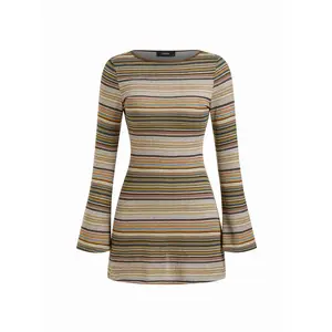 Cider Jersey Boat Neck Striped Bell Sleeve Flared Mini Dress