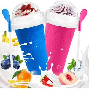 Slushie Cup, Slushy Maker Cup, Frozen Magic Squeeze Cups for Juice Milk Yogurt Ice Cream Make, DIY Smoothie Cooling Cup with Lid & Straw for Kids Friends Family (Blue+Pink)