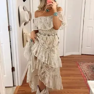 White Lace Off-Shoulder Women's Beach Dress Fashion Embroidered Ruffle Long Dress Elegant Strapless Irregular Bohemian Dress for Women(Sheet)