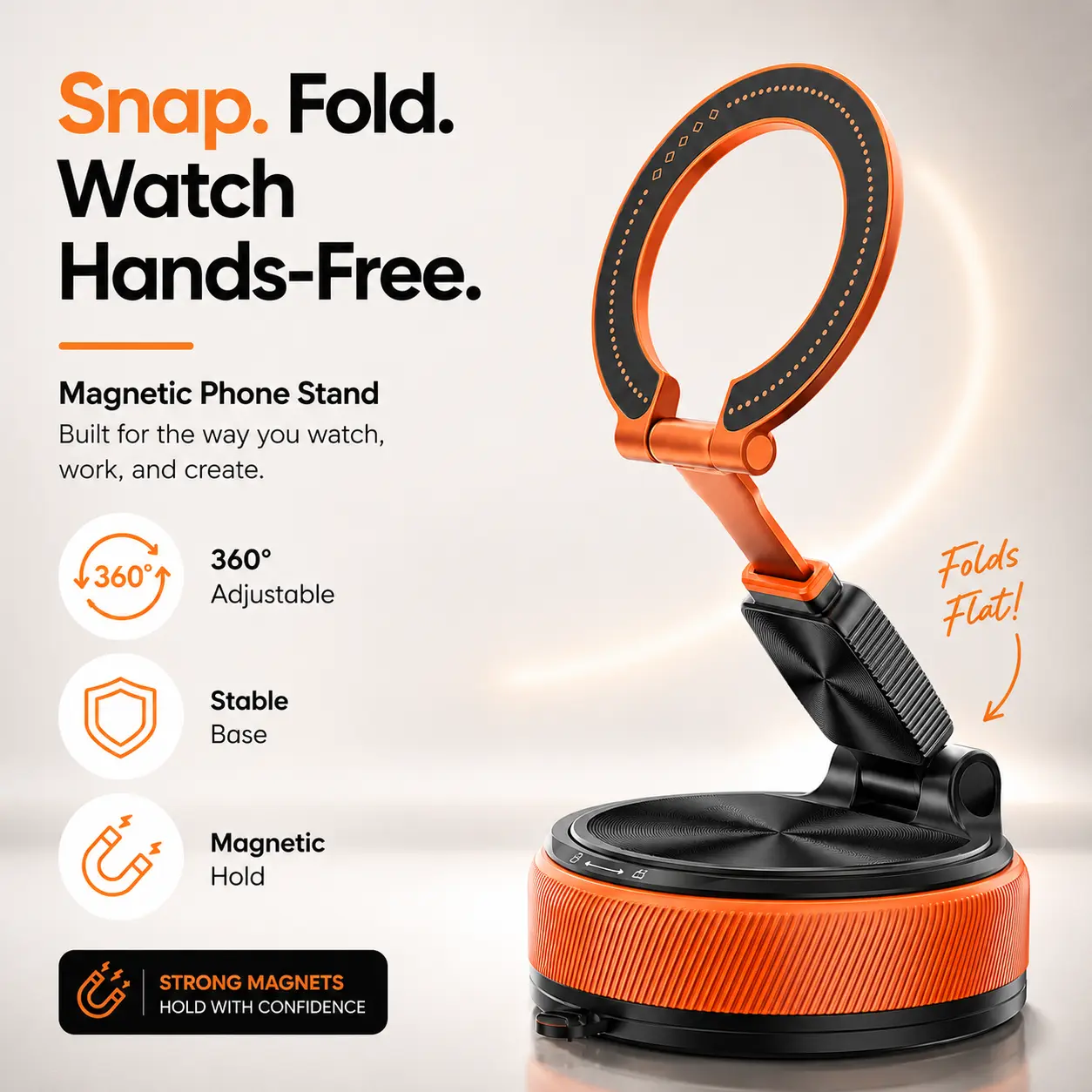 MagSafe Magnetic Phone Stand for iPhone Adjustable 360° Desk Phone Holder Foldable Hands Free Phone Mount for Bed Desk Office Compatible with iPhone 16 15 14 Pro Max for Video Call TikTok Watching Netflix Work Setup