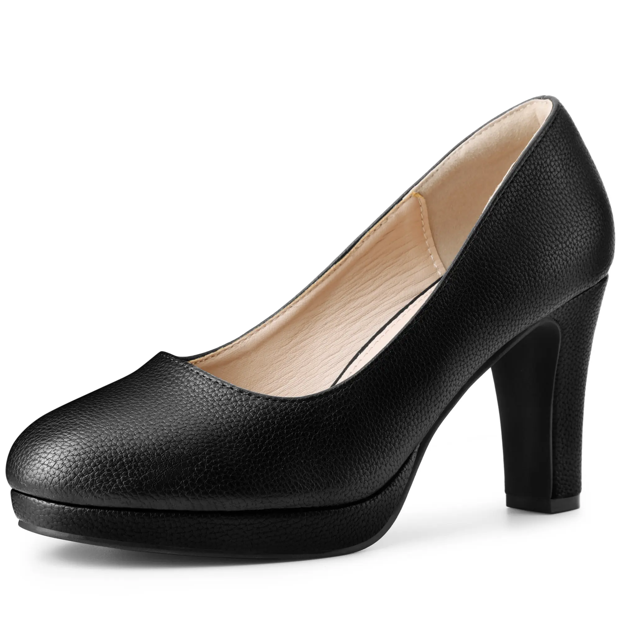 BLISSFUL STEP Women's Platform Round Toe Chunky Heel Pumps