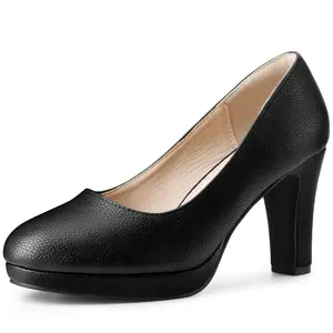 BLISSFUL STEP Women's Platform Round Toe Chunky Heel Pumps