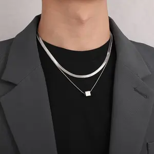Titanium Steel Double Layers Small Square Pendant Necklace Silvery Stacking Clavicle Chain for Women & Men Perfect Gift for Him Rotating Crown Cross Pendant Necklace Miami Cuban Necklace Silver