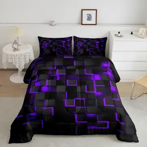 Feelyou Queen Size Purple and Black Luxury Microfiber Geometric Designs Bedding Set - Soft-Touch Comforter, Modern Decor Duvet Set