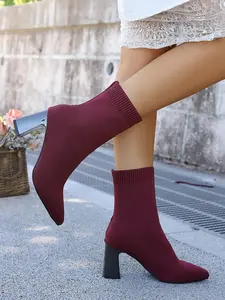 Women’s Fashion Sock Boots, Pointed Toe Chunky Heel Ankle Boots, Stretch Knit Slip-On Booties for Casual, Office, Party & Street Style