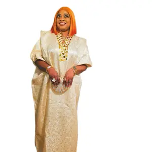 Women Elegant Luxury Gold Embellished European Jacquard Brocade Rich Aunty Bubu style Maxi Kaftan Dress with Matching Scarf Elegant Womenswear Formal Statement Lady Comfort Party Style Sleeves Balloon