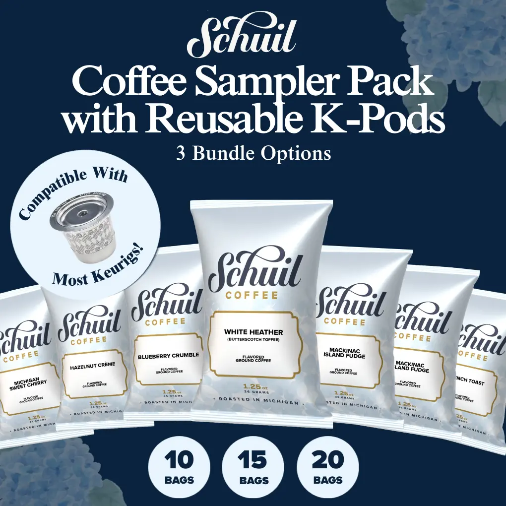 Flavored Ground Coffee Variety Pack - 1.25oz Packets, 10/15/20 Count Sampler Bundle (Vanilla,Caramel,Hazelnut,Cherry,Cinnamon) - Stainless Steel Reusable Pod, Sugar-Free, Freshly Roasted Small Batch Coffee, Keurig Compatible