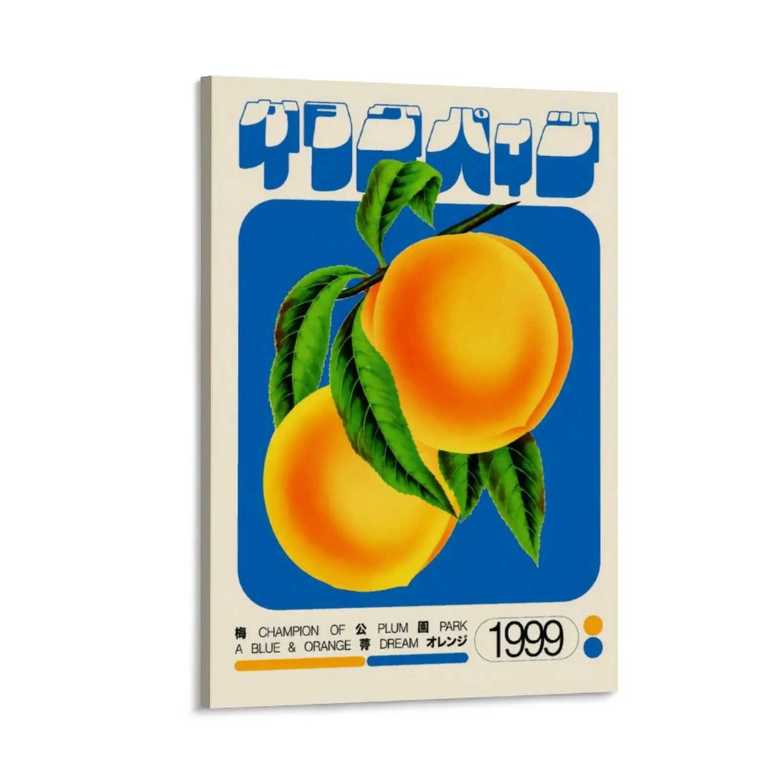 Japanese Vintage Peach Poster, Retro Fruit Wall Art, Y2K Orange Blue Canvas Print, Kitchen Cafe Bedroom Decor