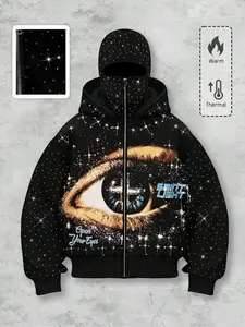 Hot selling hoodie with eye pattern zipper cardigan for men's street style rhinestone decoration windproof hat with two hats, jacket for men's autumn and winter plus velvet jacket, hooded sweatshirt