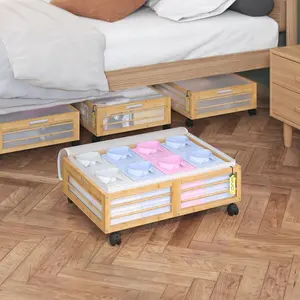 Bamboo Underbed Containers with Wheels & Bag 2 Pack, Large Bed Rolling Bins Wood Bed Clothes Stackable Drawers for Bedroom Closet Crib Toy(Natural)