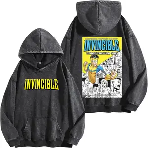 Superstyle Invincible Compendium One - Invincible War Washed Hoodie Comic Double Printed Oversize Lightweight Acid Washed Tee TV Series Graphic Cotton Tee T-Shirt
