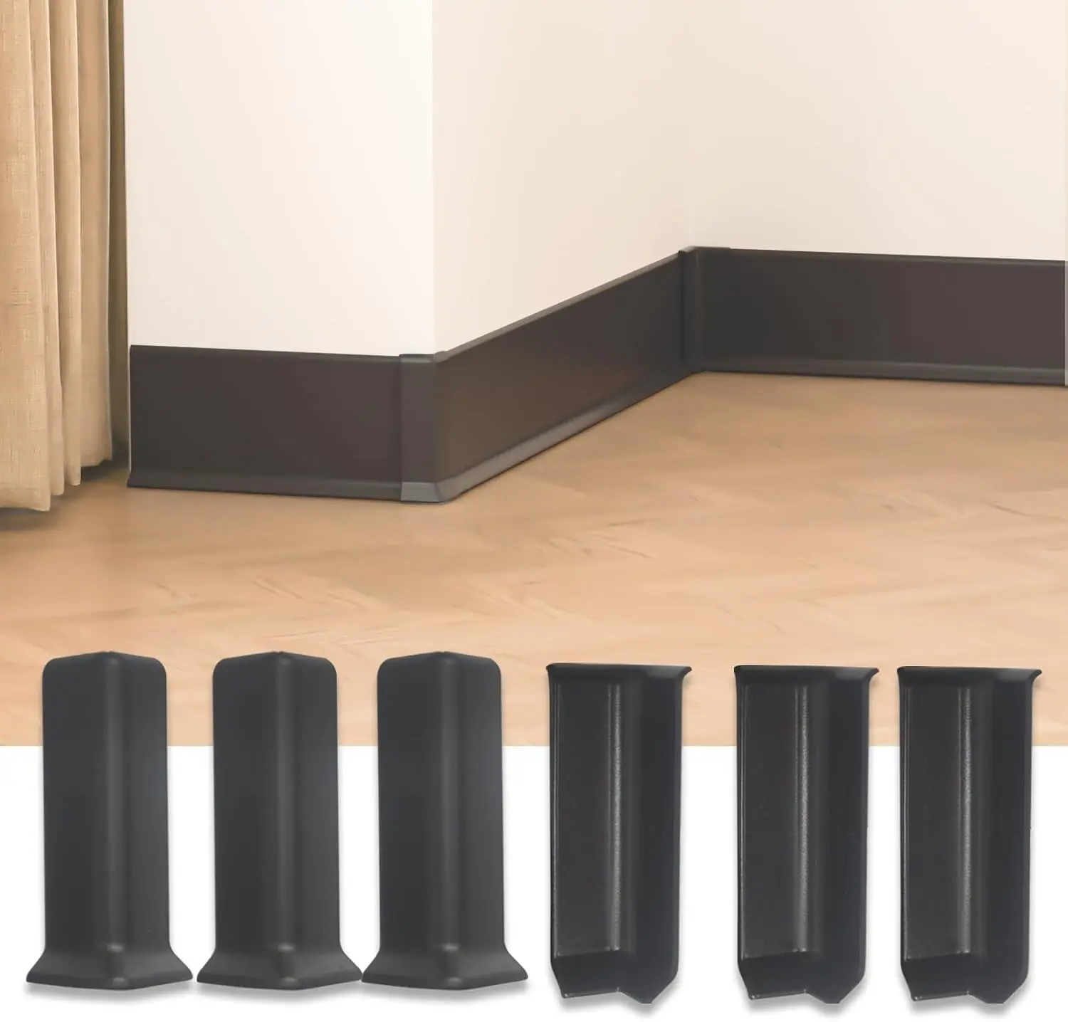 Baseboard Corner Blocks 4inch Height, Self Adhesive 3 Inside + 3 Outside Corners-Connector Between The Cove Base Wall Base Rubber Moulding Trim, Perfect Match for Our S100 Baseboard(Black) | Includes 3 inside and 3 outside corners; designed to connec