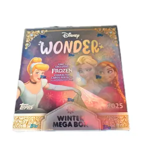 Box or Pack. 2025 Topps Disney Wonder Winter Mega box. Find 3 exlusive Frozen character cards per box. look for limited edition autographs and sketches. 60 cards per mega box
