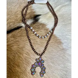 Western Rhinestone Squash Blossom and Faux Navajo Pearls Necklace