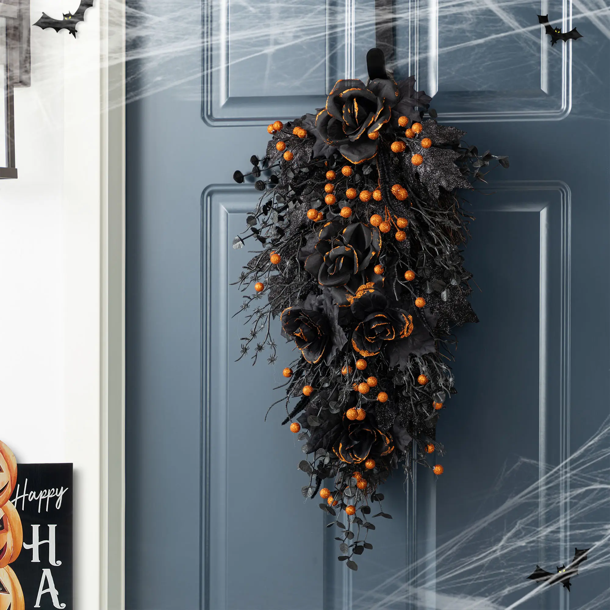 Glitzhome 28"H High-Quality Artificial Black Roses and Berry Teardrop Decor, Gothic Spooky Halloween Aesthetic Doorway Home Party Decoration