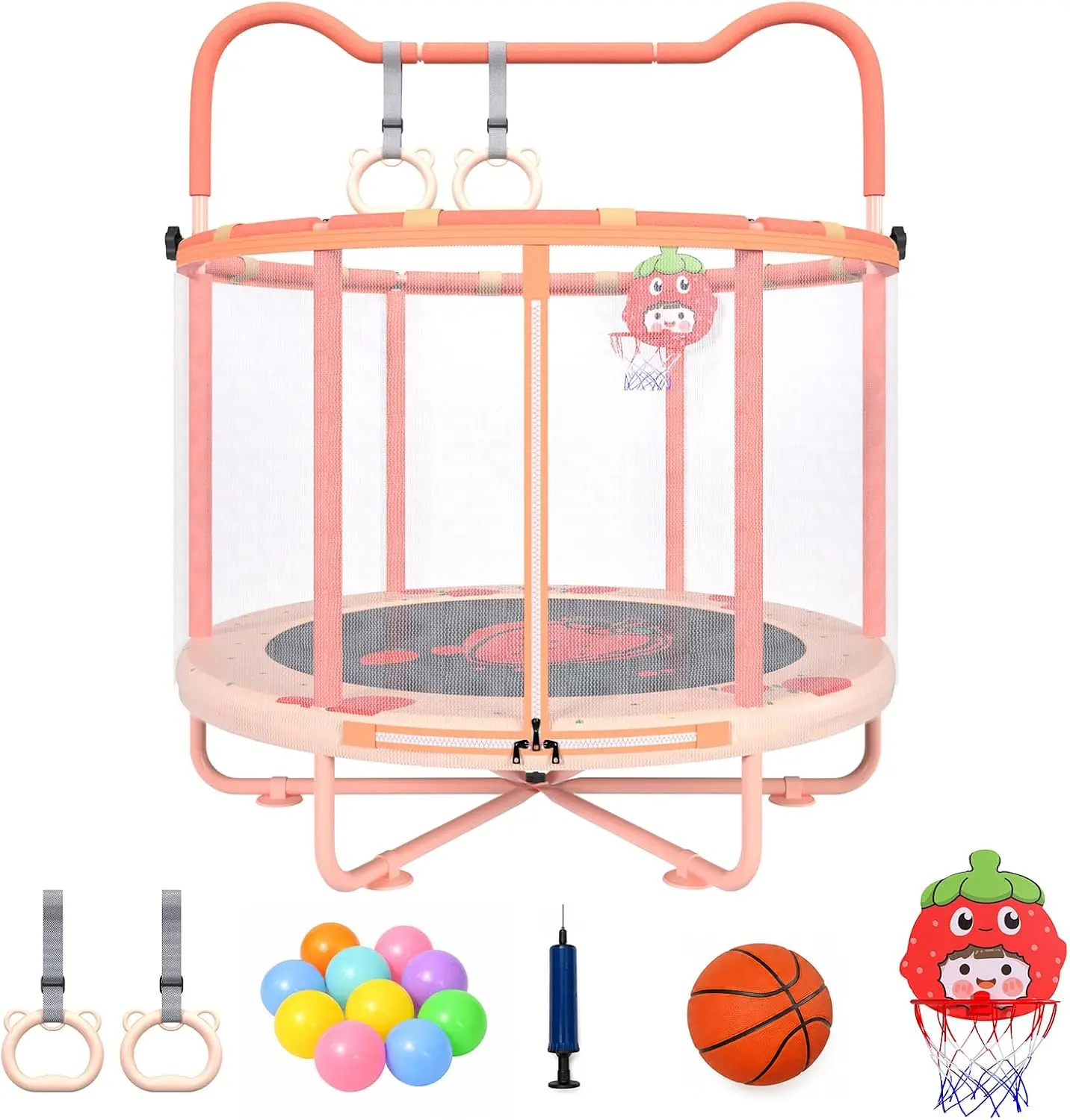 60" Indoor Trampoline for Kids, Toddler Trampoline with Enclosure Net & Gymnastics Bar, Safe No-Gap Mini Trampoline for Toddlers 1-3 2-5, Pink Strawberry Jumping Toys Gift