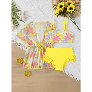 Girls' Summer Vacation Sweet Swimsuit Set| Yellow Floral Spaghetti Strap Top With Belt And Ruffled Bikini Bottoms| Perfect For Beach And Hot Spring Trips